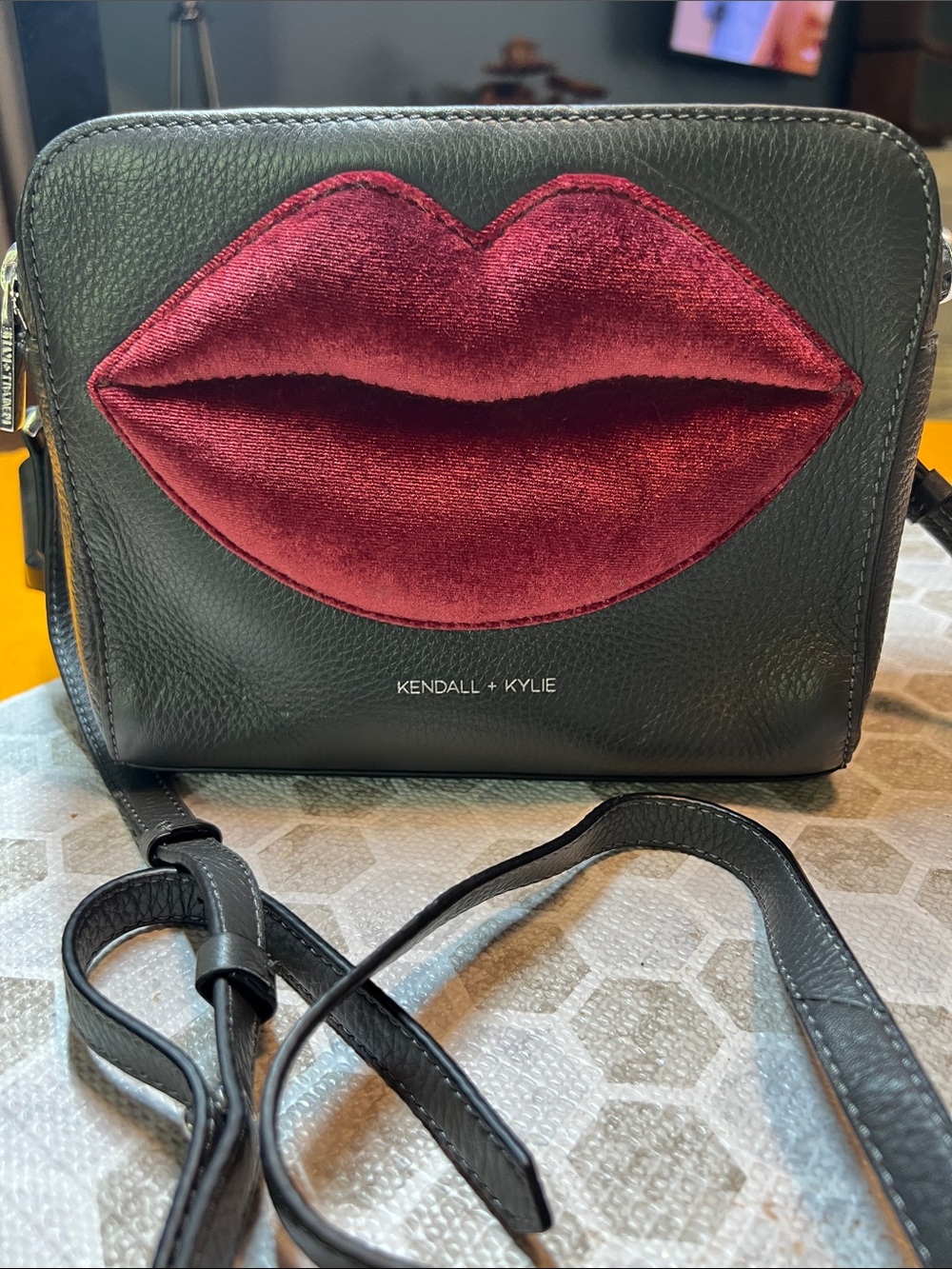 Kendall & Kylie Black Crossbody with Burgundy Velvet Lip Applique